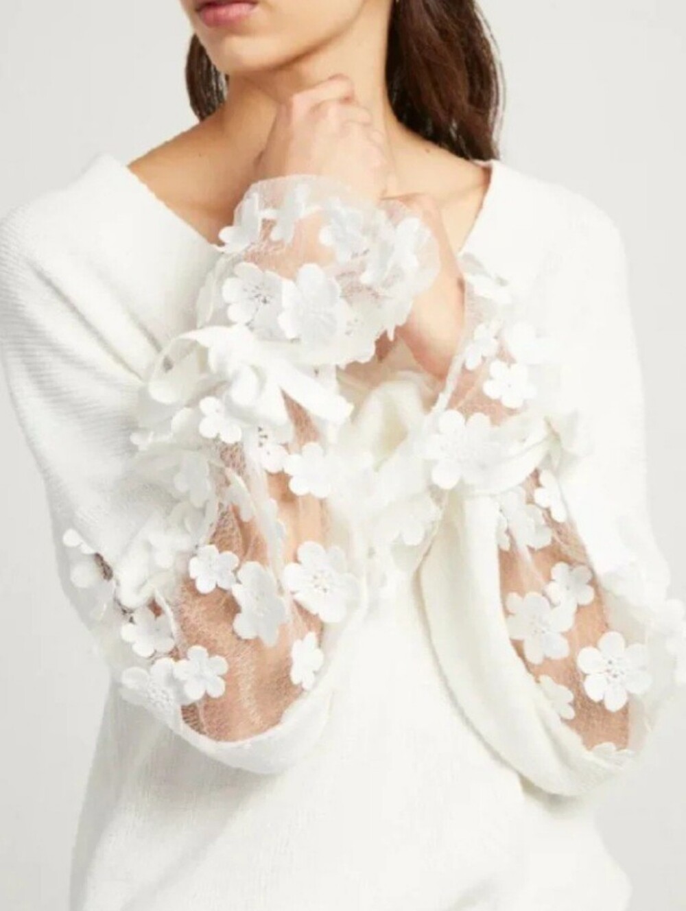 French Connection White V-Neck Sweater with Floral Lace Sleeve Detailing NWOT M